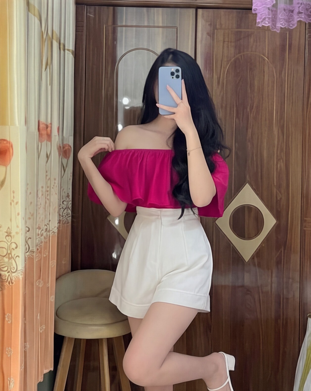 Hot Pink Ruffled Crop Top with White Shorts