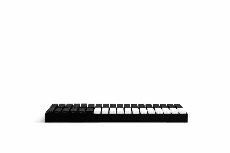 Minimalist black-and-white keyboard with piano-style keys on a pure white background.