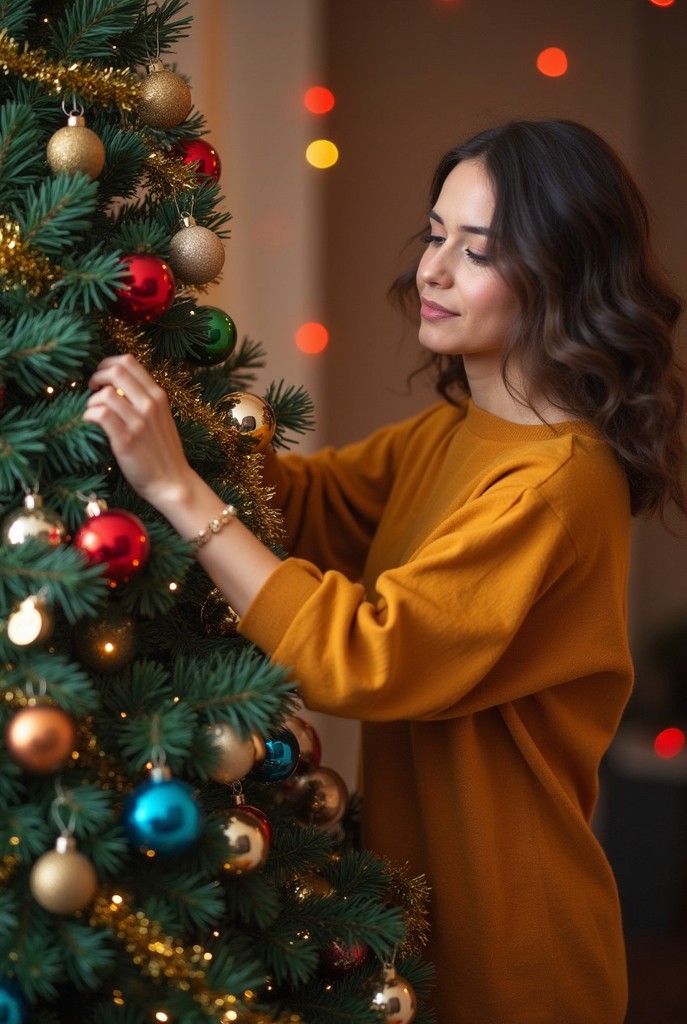 a girl near christmas tree