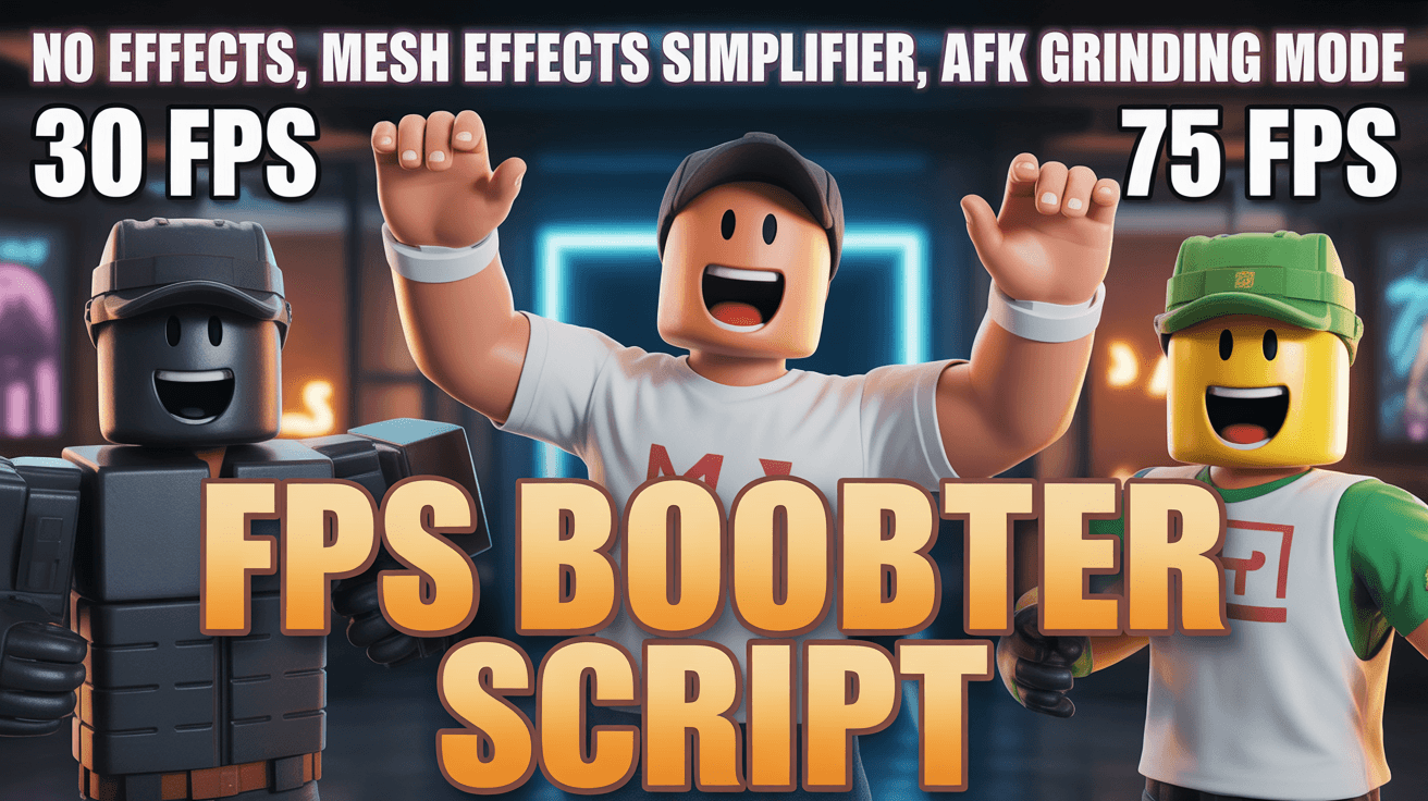 Split-screen Roblox FPS booster image with 30 FPS, 75 FPS, and central script text