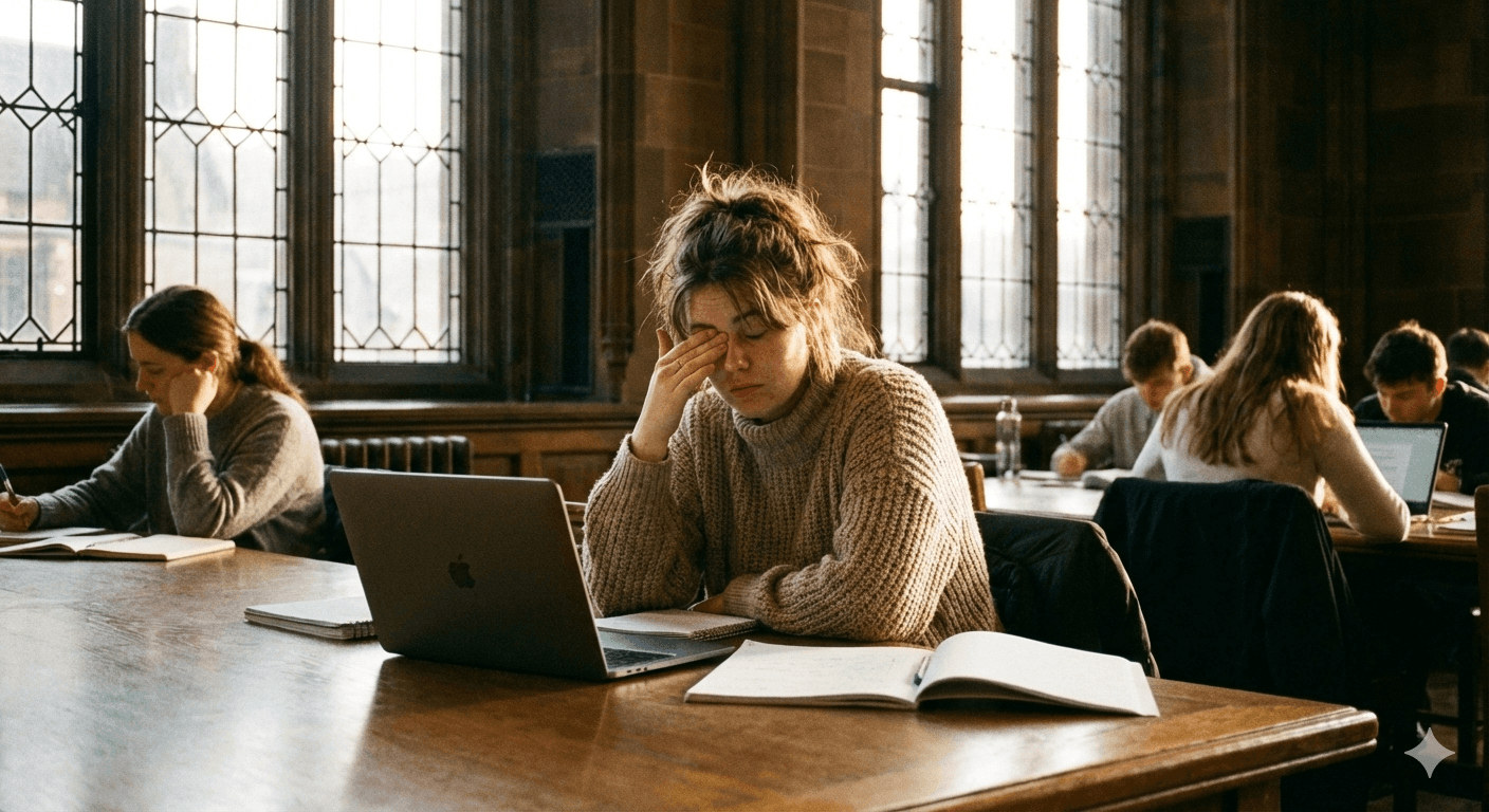 Student studying in a Manchester library in the early evening, looking tired but calm, with notes and a laptop.