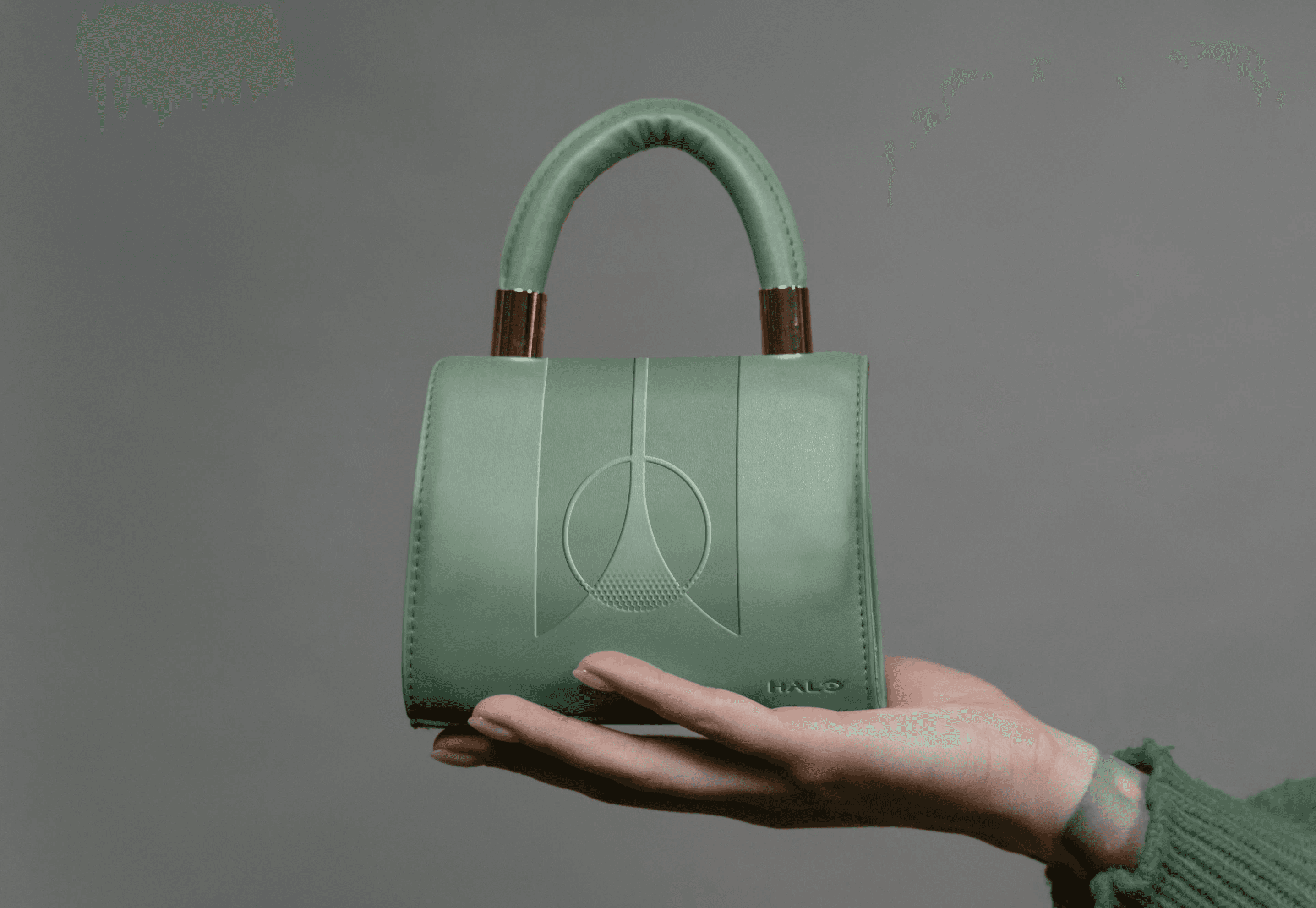A halo branded leather handbag