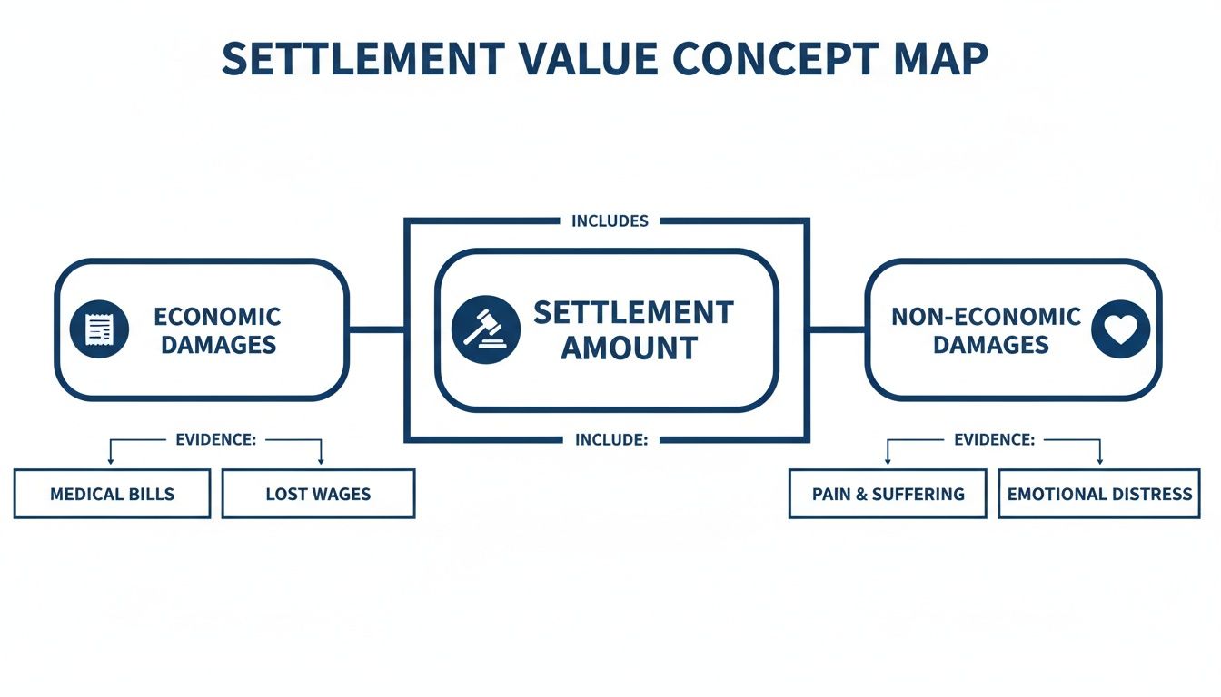 A settlement value concept map detailing how economic and non-economic damages contribute to the total settlement amount, with examples.