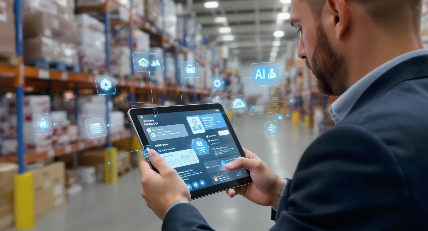 Een operations manager in een distributiemagazijn bekijkt een tablet met een AI-assistent die taken toont zoals offerte-follow-ups, voorraadupdates en CRM-todo’s. Op de achtergrond stellingen en pallets, de tablet staat in realistische hoek richting de gebruiker.
