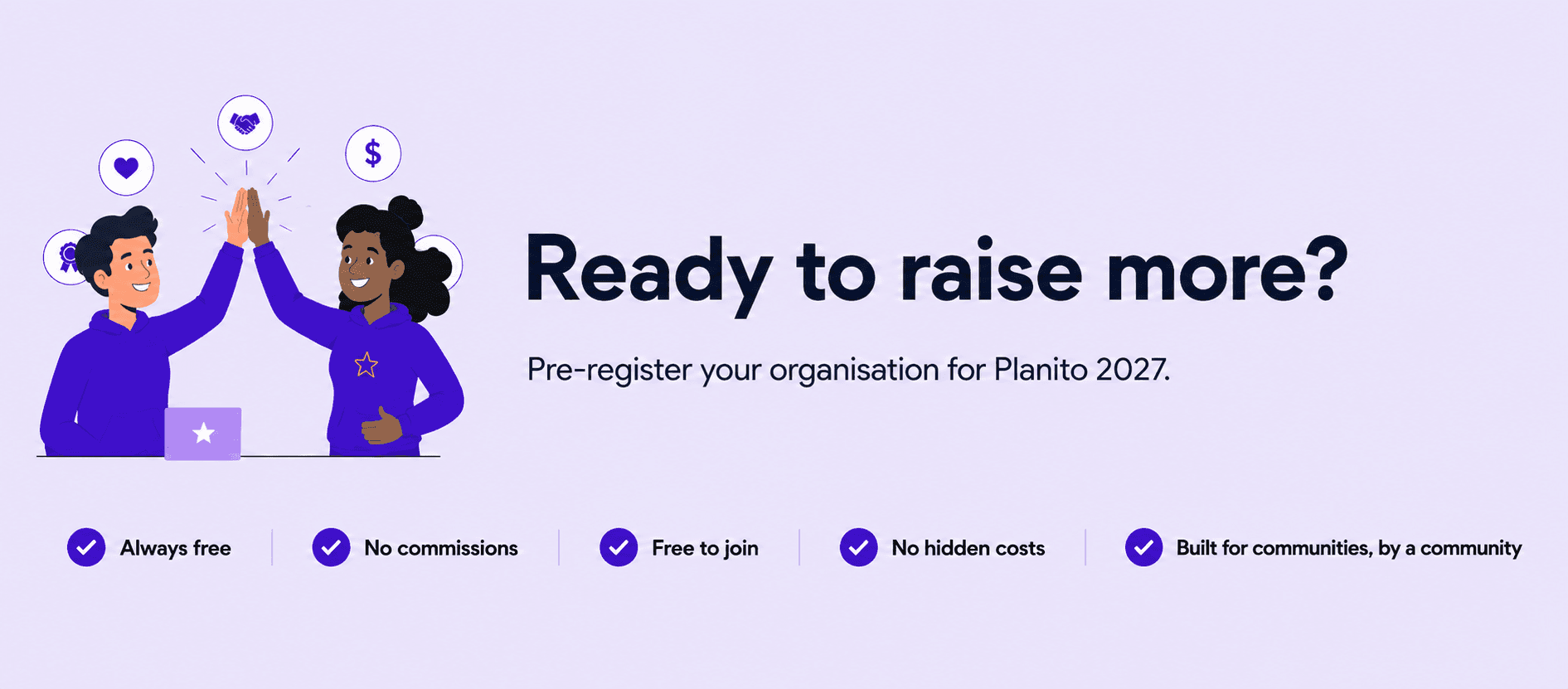 Community volunteers celebrating successful fundraising with Planito. Pre-register your organisation for Planito 2027.