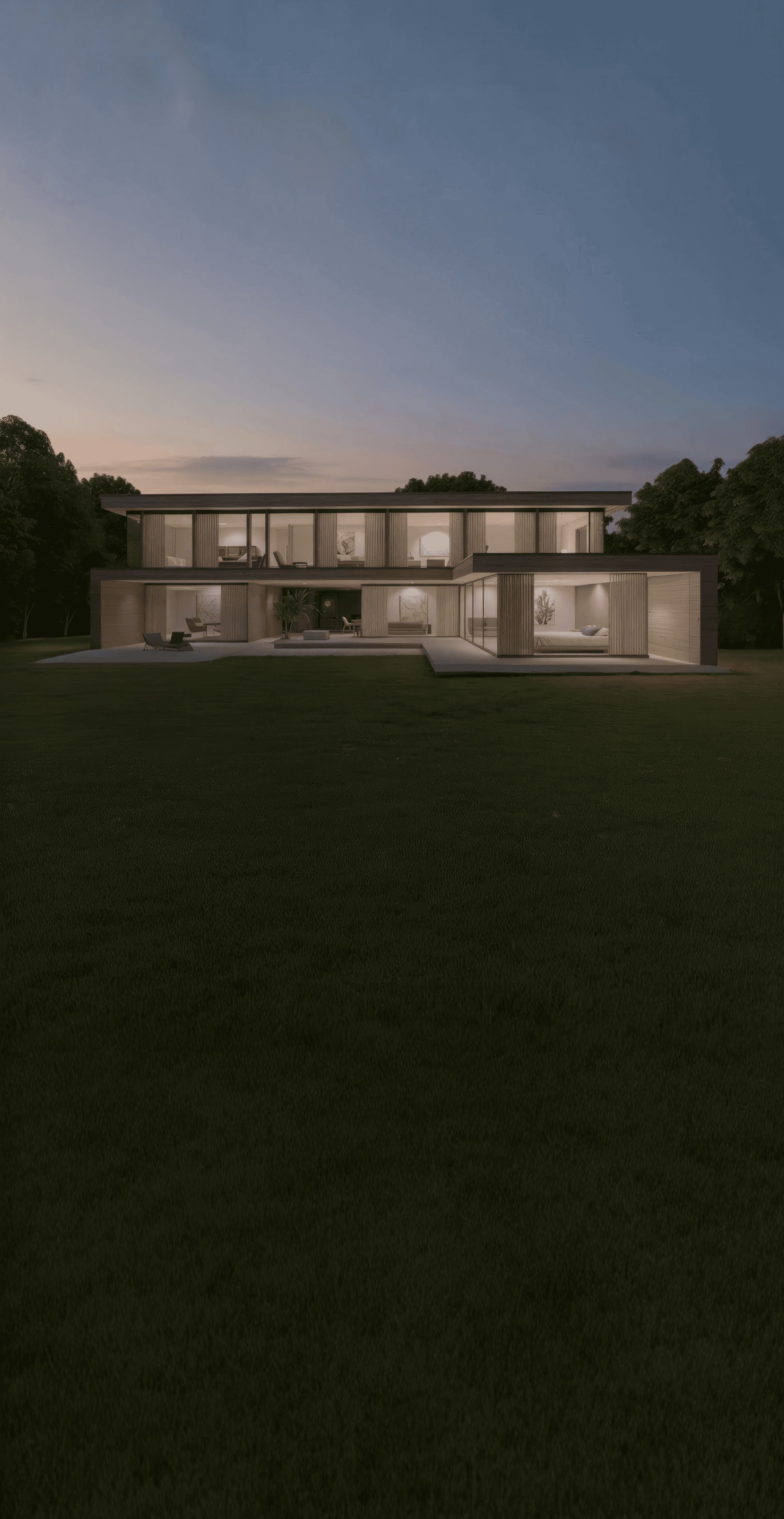 Moderne Bauhaus Villa mit warmer, einladender Beleuchtung bei Abend.