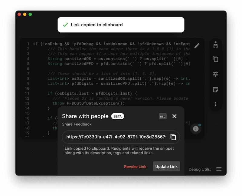 A shareable link in Pieces for Developers.