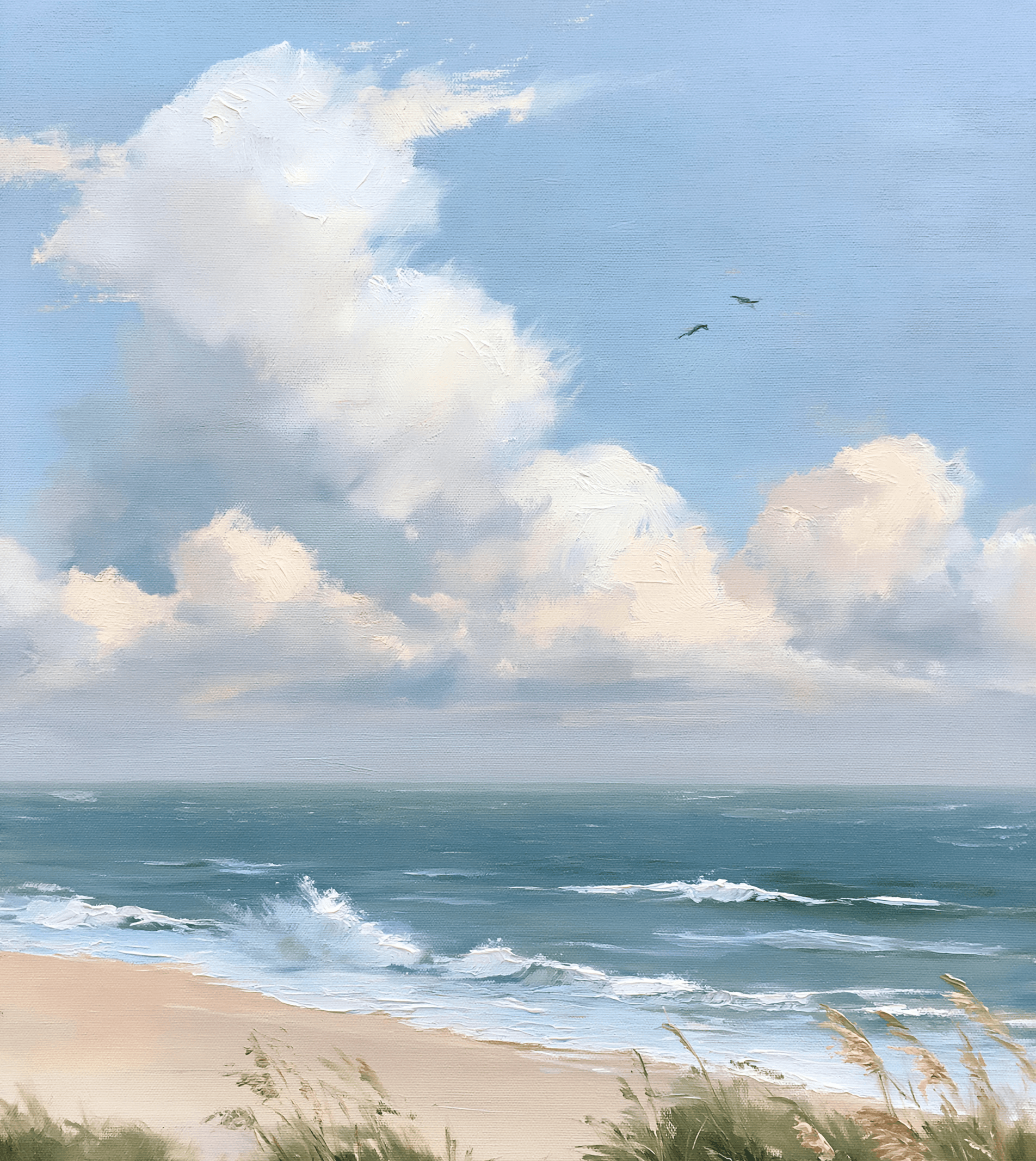 Impressionist coastal seascape with breaking waves, drifting clouds, and seabirds above a grassy dune