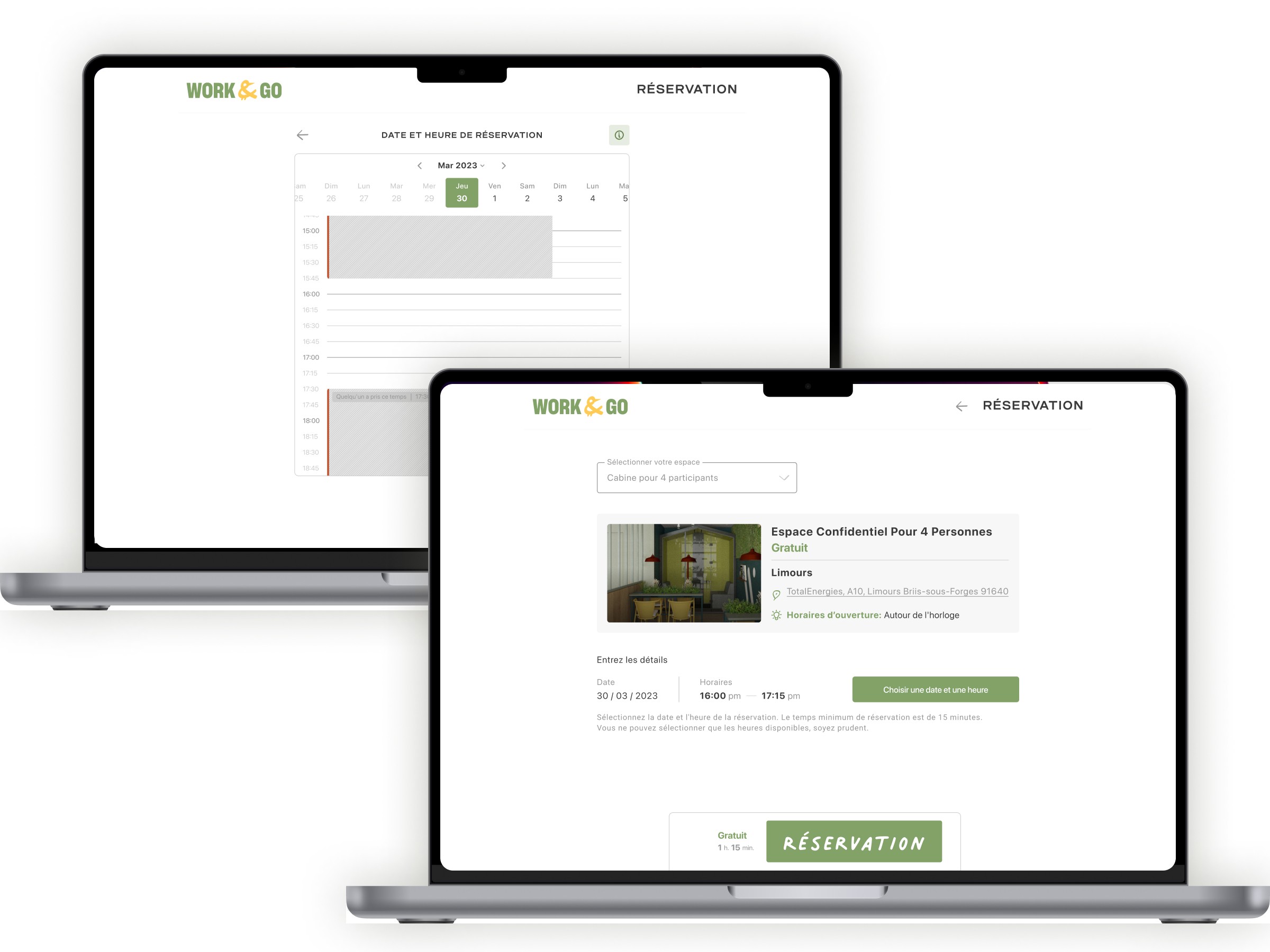 An example of the Work&Go booking web app interface, developed by Codeska.