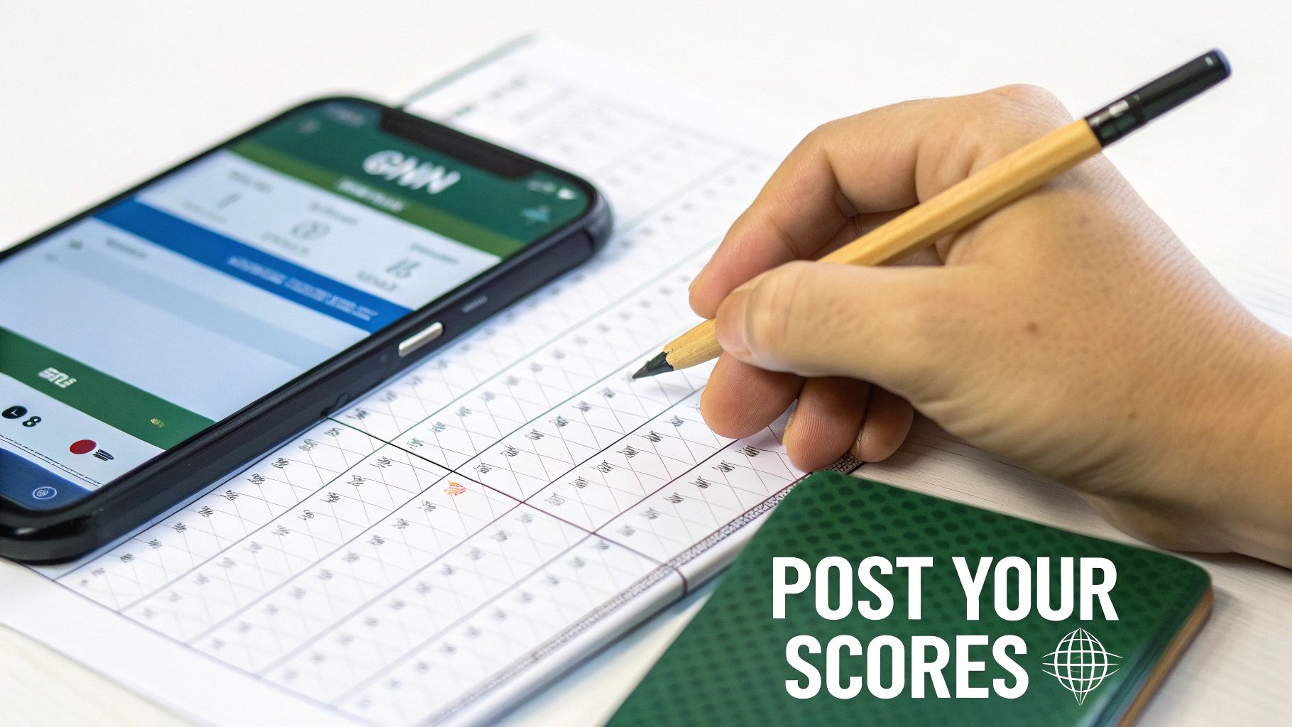 A hand writes golf scores on a scorecard next to a smartphone displaying a GNN app.