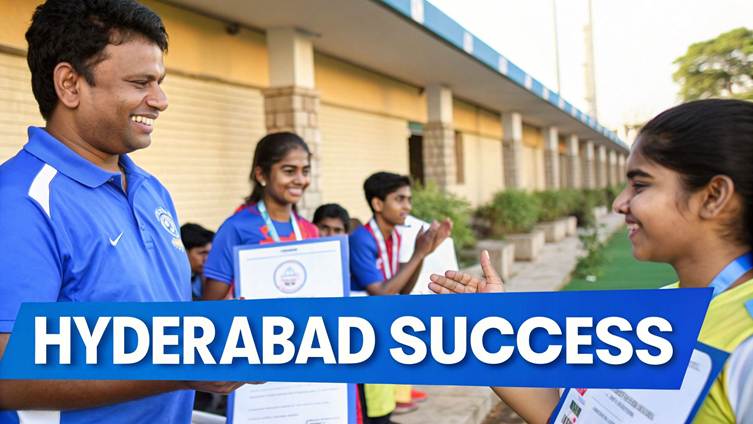A man presents an award to a smiling young woman at a Hyderabad success event.