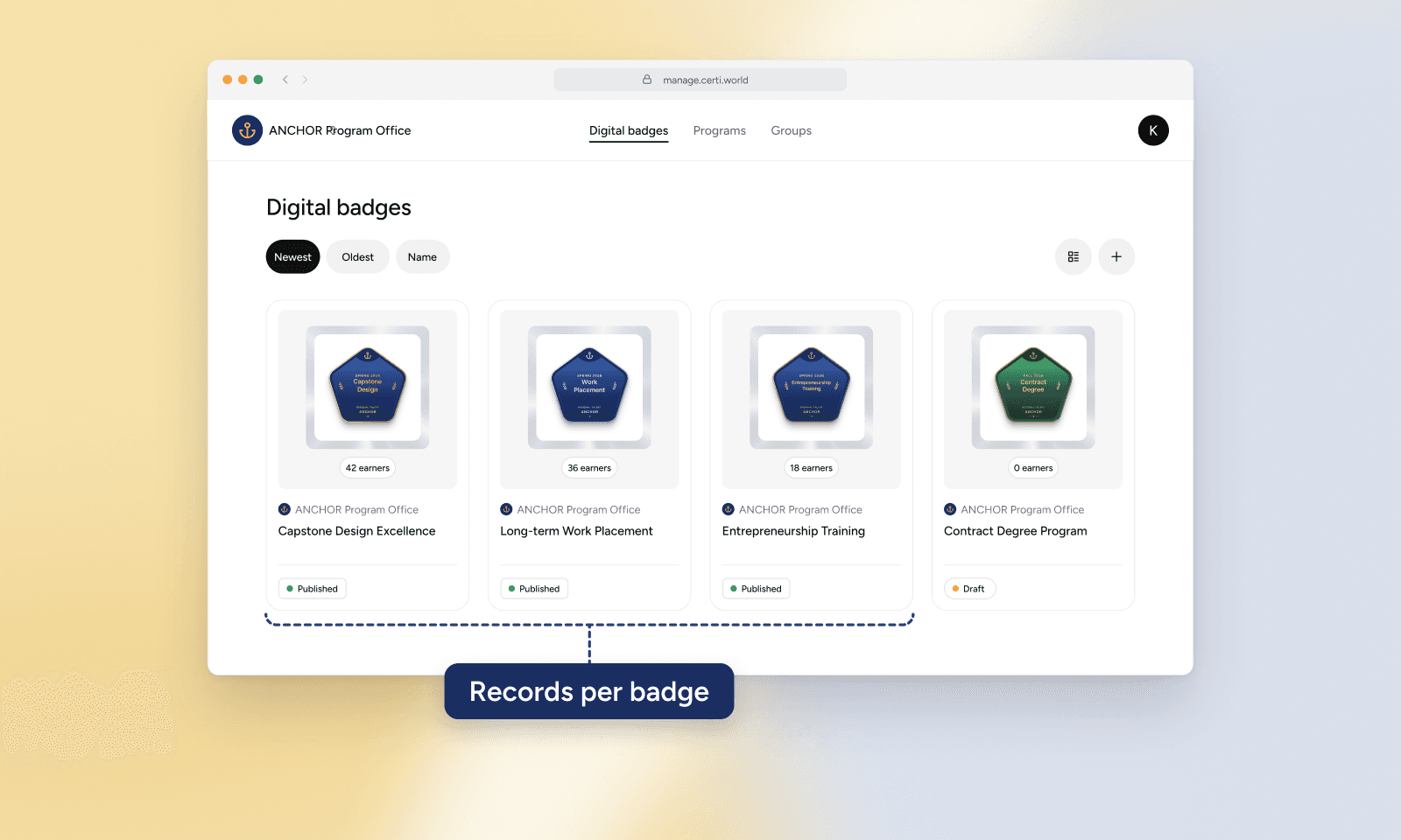 The digital badge list in Certi's admin console, with separate badges for Capstone Design Excellence, Long-term Work Placement, and Entrepreneurship Training, each showing earners and publishing status