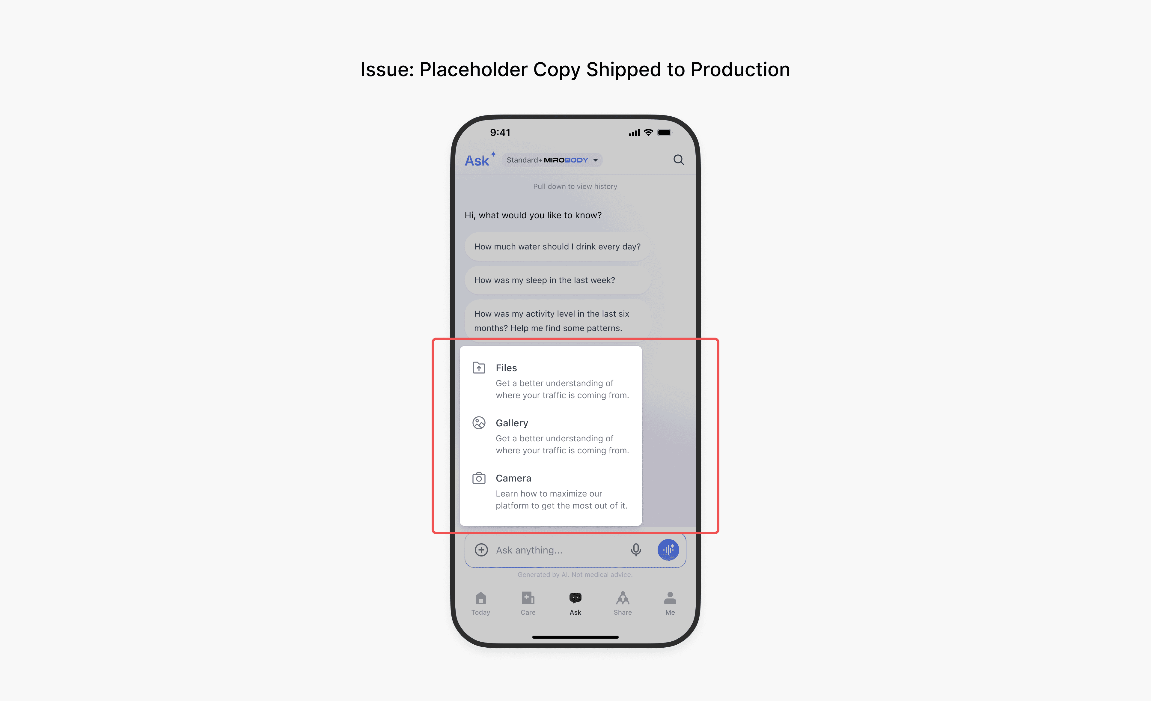 Titled "Issue: Placeholder Copy Shipped to Production". The old chat with the attachment popover open. Files and Gallery are both described "Get a better understanding of where your traffic is coming from," and Camera "Learn how to maximize our platform to get the most out of it." A red outline marks the popover.