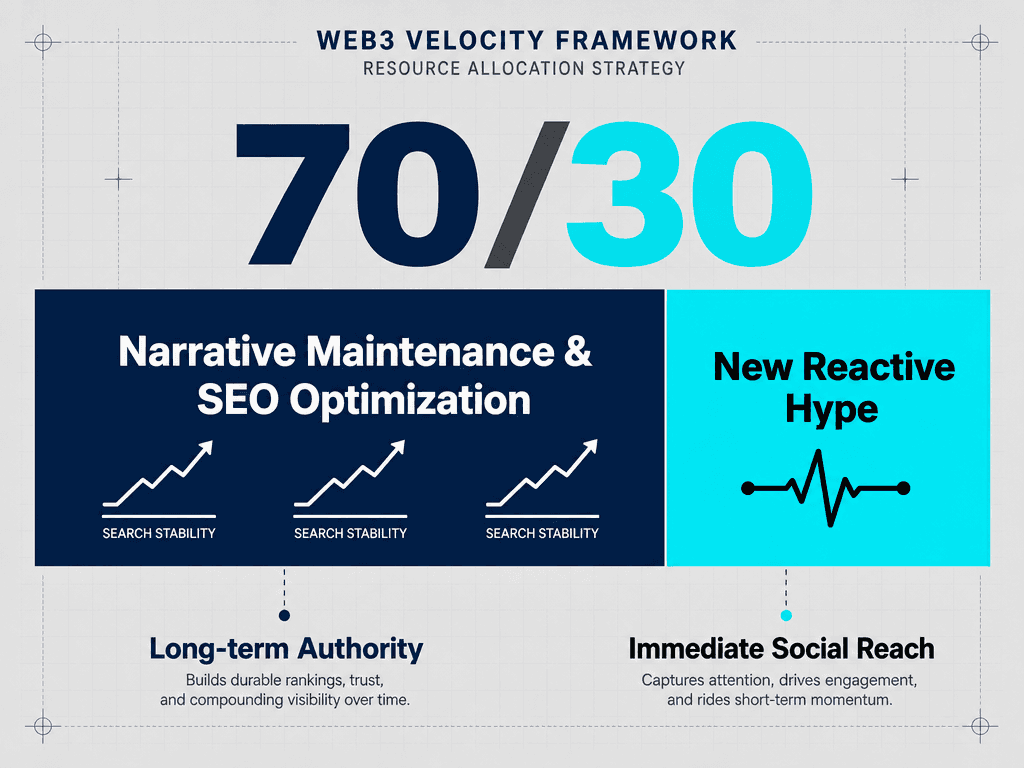 A horizontal bar chart illustrating the 70/30 Web3 Velocity Framework, showing 70 percent content optimization and 30 percent new content creation.