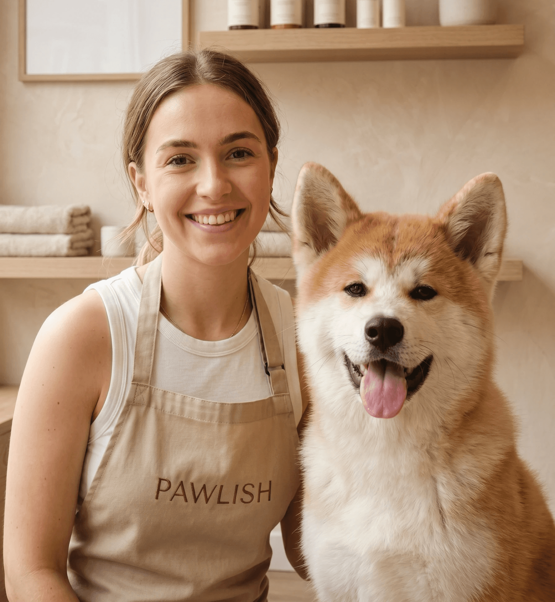 a brown and white dog sitting on top of a white floor