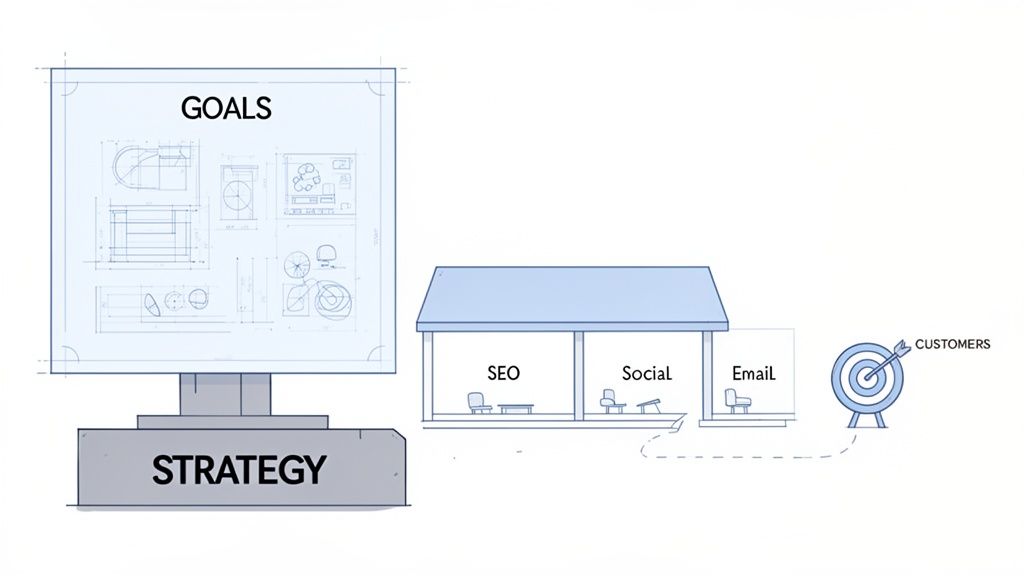 A diagram illustrating digital marketing strategy, connecting goals, strategy, SEO, social, email, and customers.
