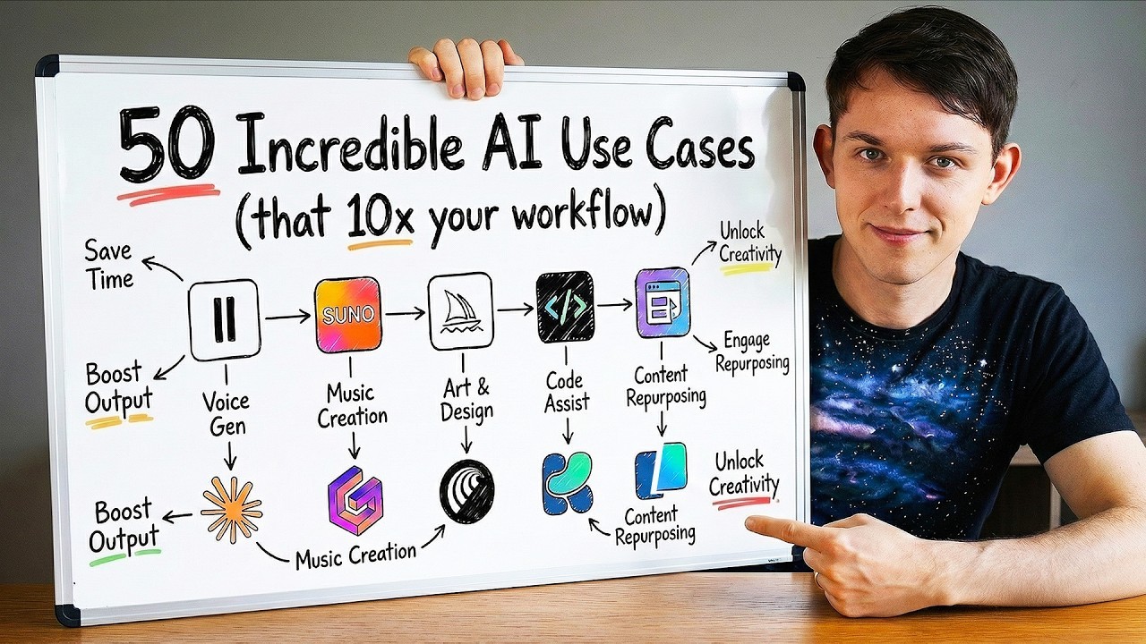 Riley Brown AI-style AI use cases thumbnail with whiteboard of 50 workflow ideas
