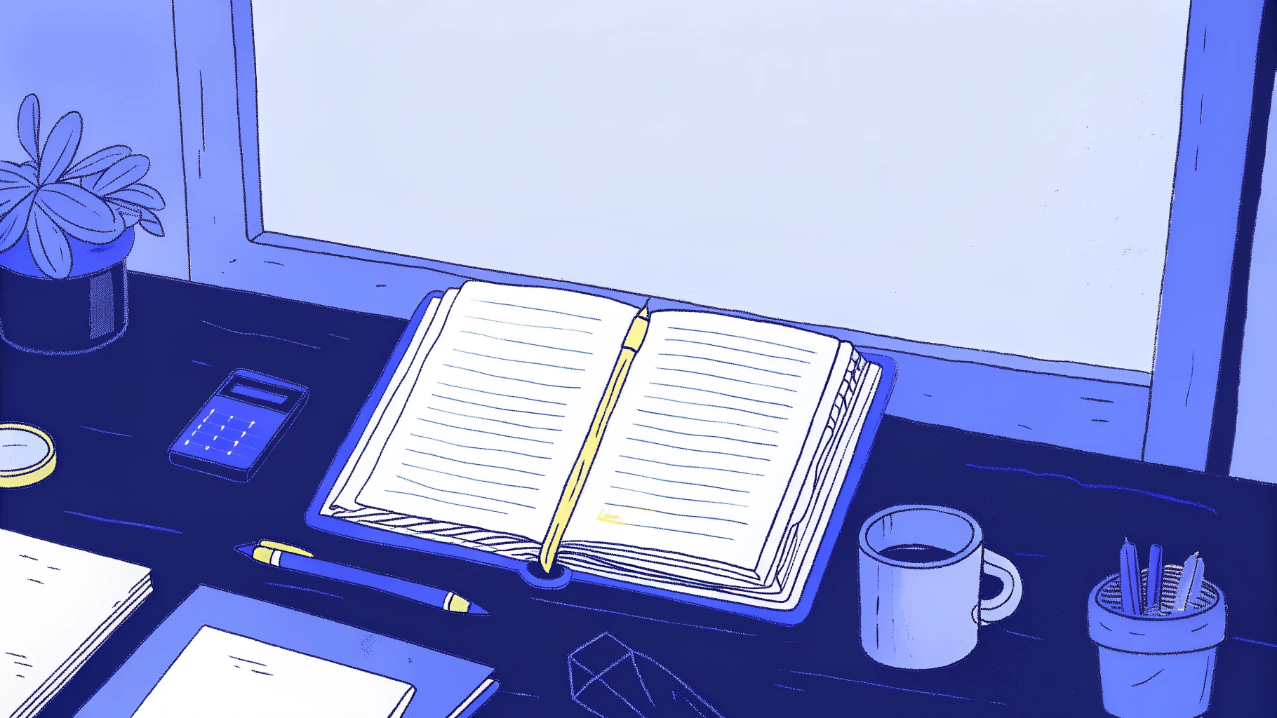 CFO desk with budget ledger, calculator, magnifying glass, and abstract glowing panel representing AI implementation cost planning