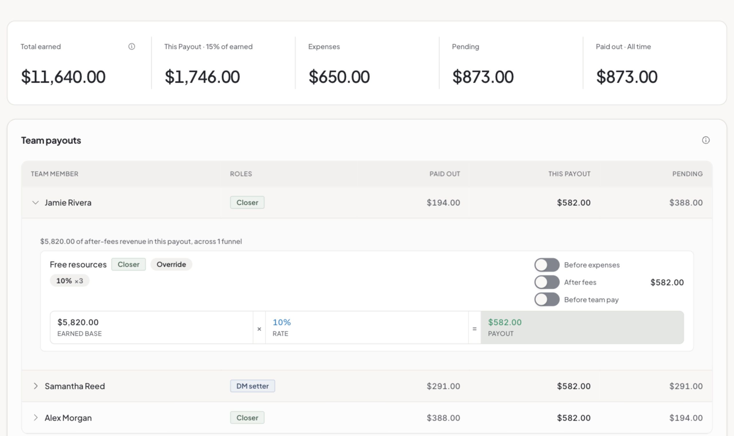 Nenbase Payouts interface