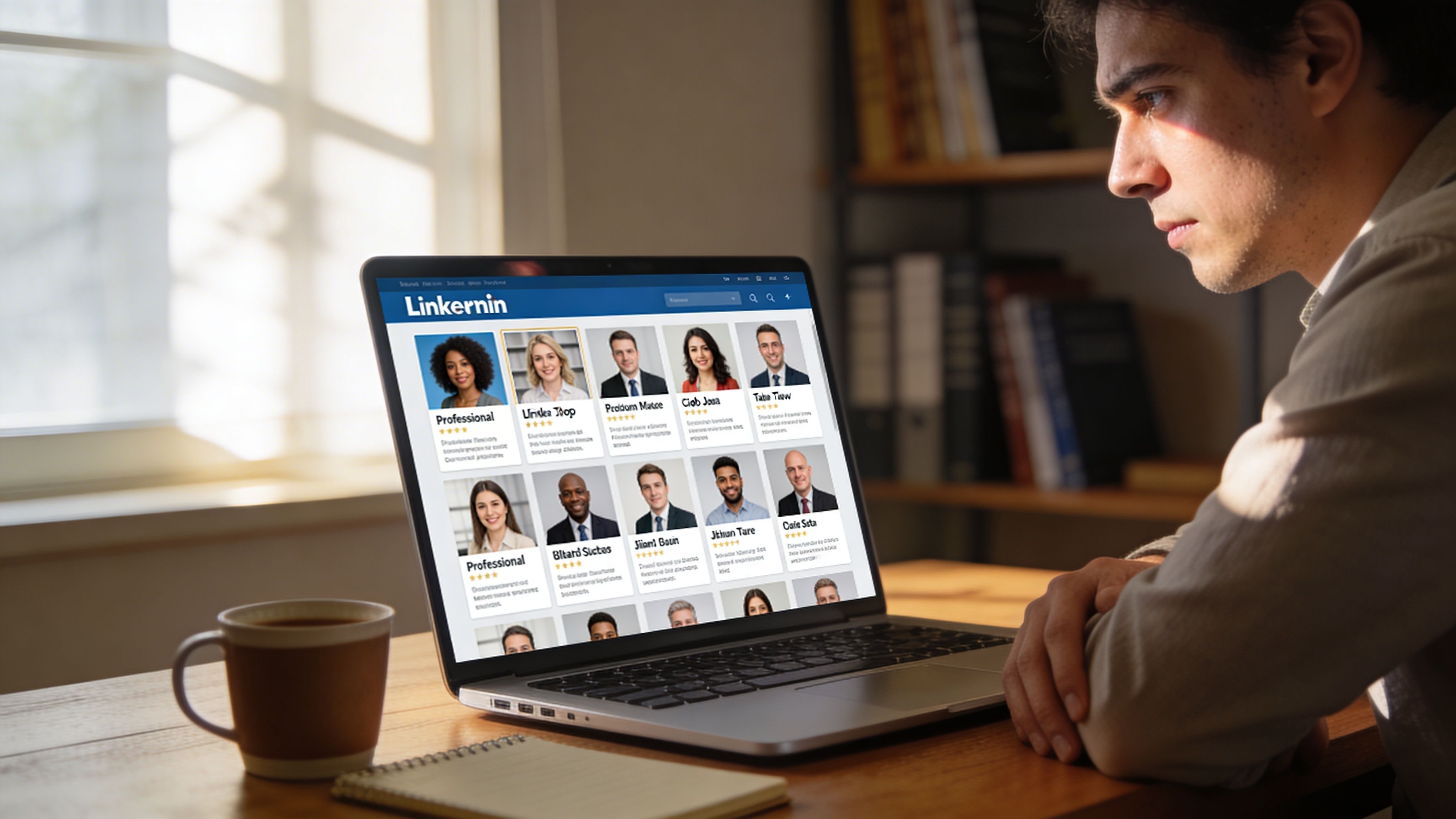 Ein junger Mann schaut auf seinen Laptop, auf dem ein professionelles Netzwerkportal mit Mitarbeiterprofilen und Fotos angezeigt wird.