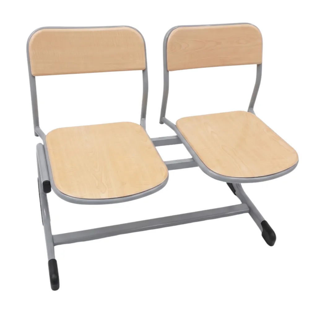 Double classic school chair with wooden seat and metal frame