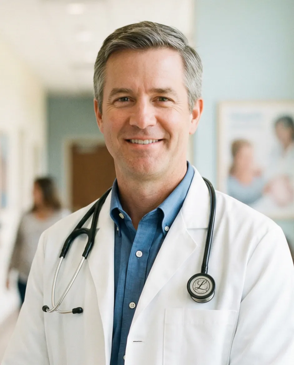 A smiling male doctor wearing a white coat and stethoscope stands in a bright medical office, with a blurred patient and healthcare setting in the background.
