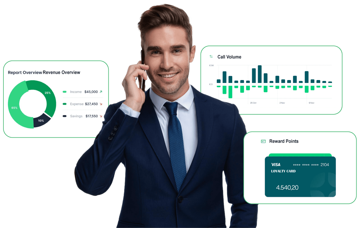 Male Hotel staff smiling on cordless phone – with three green phone statistic UI tables behind him