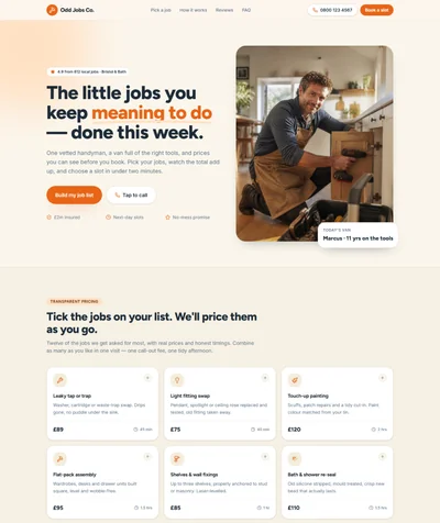 Handyman website template preview with job picker and fixed prices