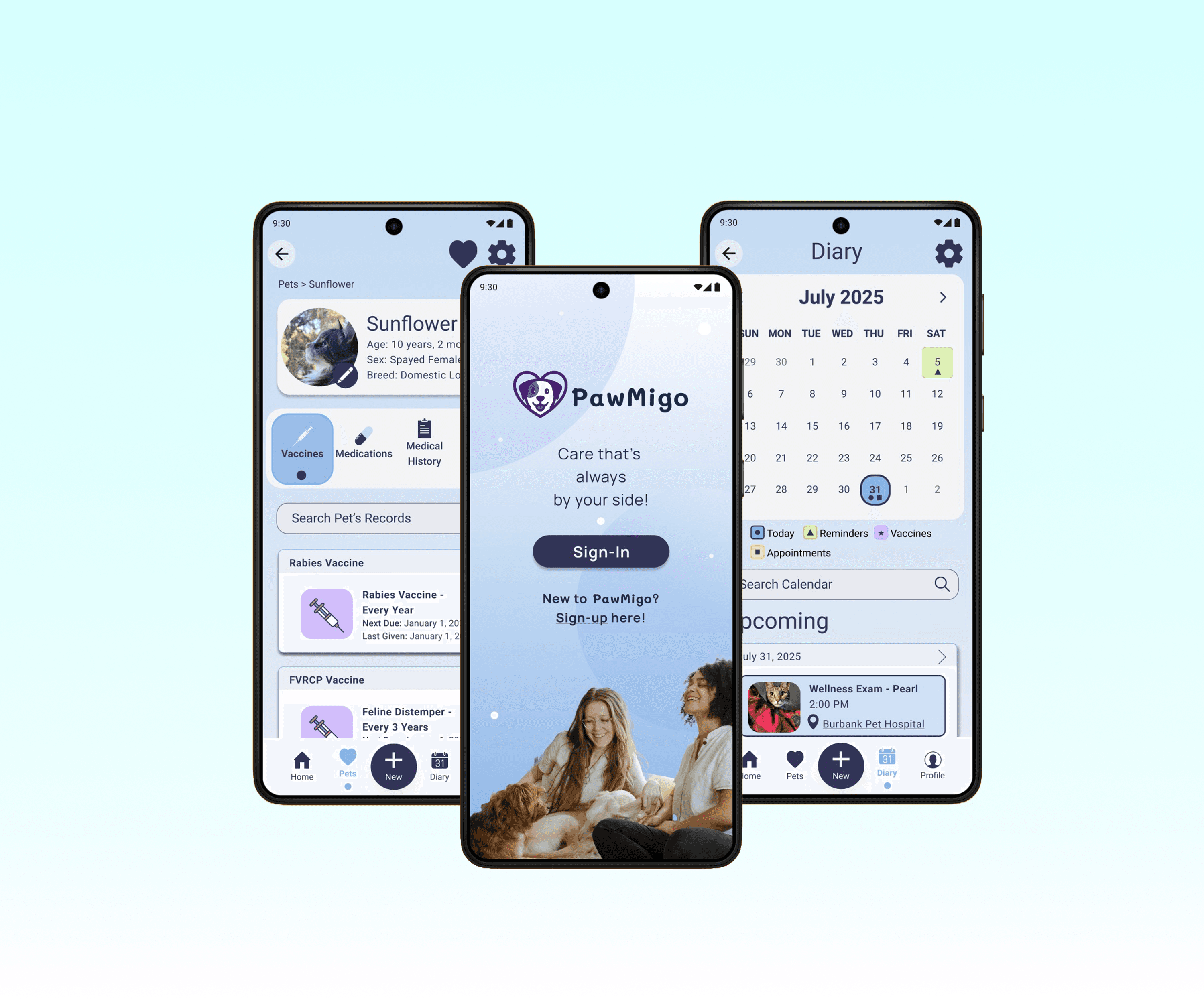 Screenshots of the splashscreen, profile page, and calendar page of the Pawmigo application