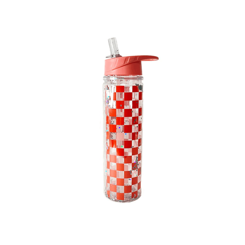 pink checkered glitter water bottle
