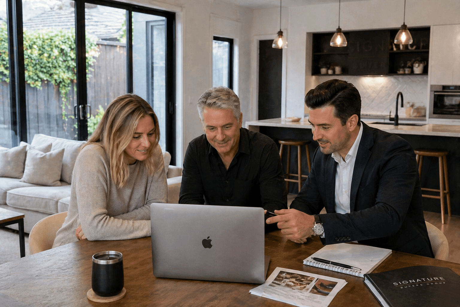 Three people meeting with a buyers agent at a dining table in a modern home, reviewing property plans on a laptop during a property consultation in Melbourne.