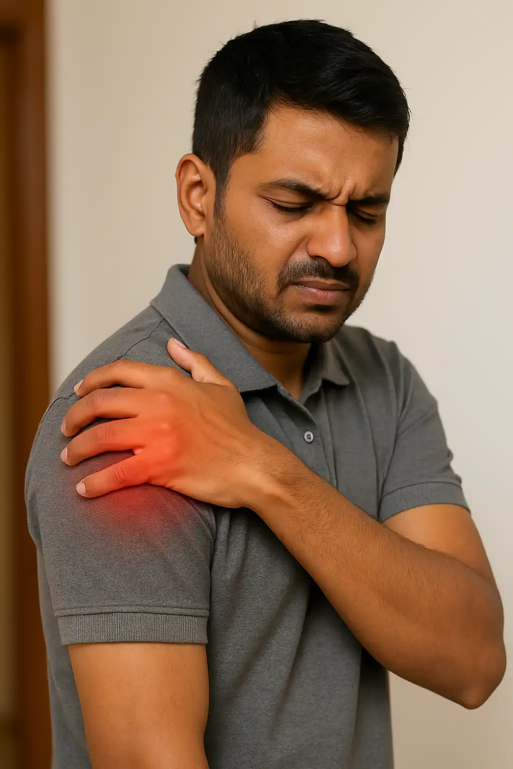 A man touching his shoulder with a painful expression, with a red highlight showing inflammation consistent with shoulder impingement.