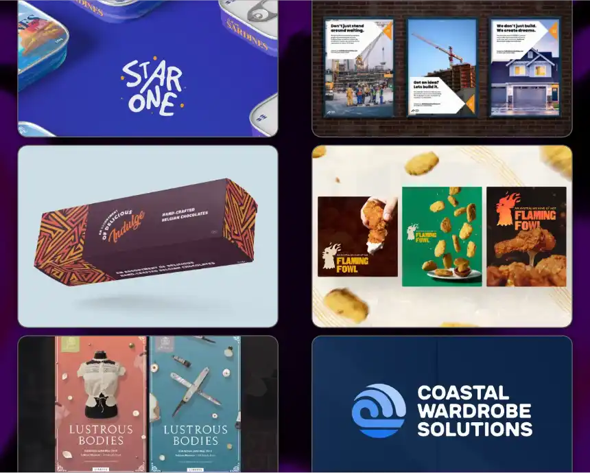 A dark blue background featuring three floating branding items: a yellow "Grizzly Honey" jar with a bear mascot, a white "Owler’s Repair Service" invoice with a green owl logo, and a "Star One" sardine tin featuring a landscape illustration and blue-and-white nautical branding.