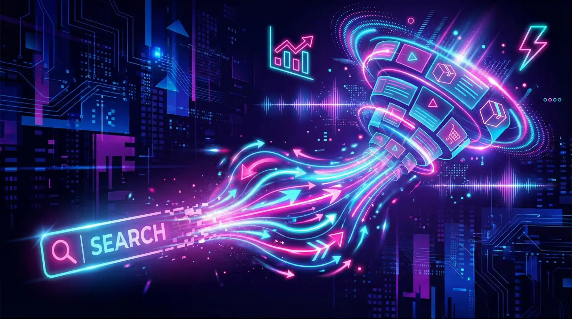 TikTok Shop's interest-driven commerce algorithm transforms search-based selling into discovery-led conversions through neon-lit digital pathways.