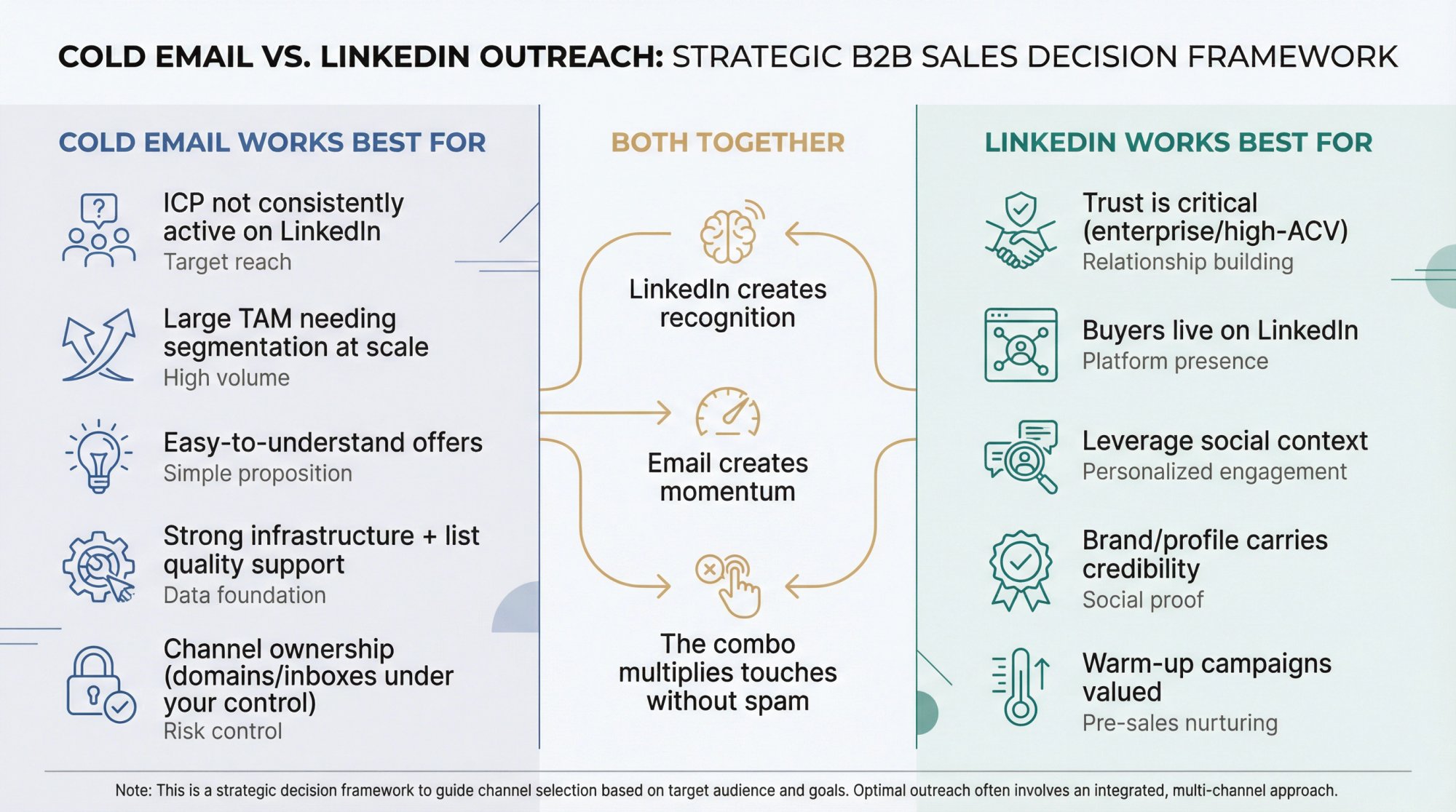 Decision framework comparing cold email vs LinkedIn outreach: when to use each channel and when to combine both for maximum B2B sales results