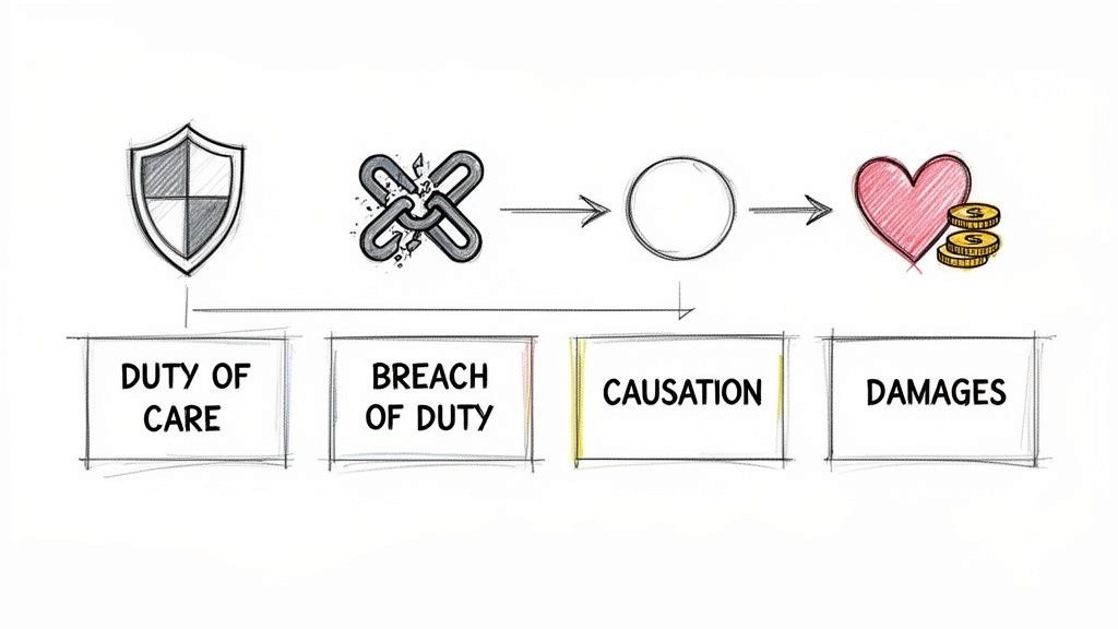 A legal infographic illustrating the four elements of a negligence claim: duty of care, breach, causation, and damages.