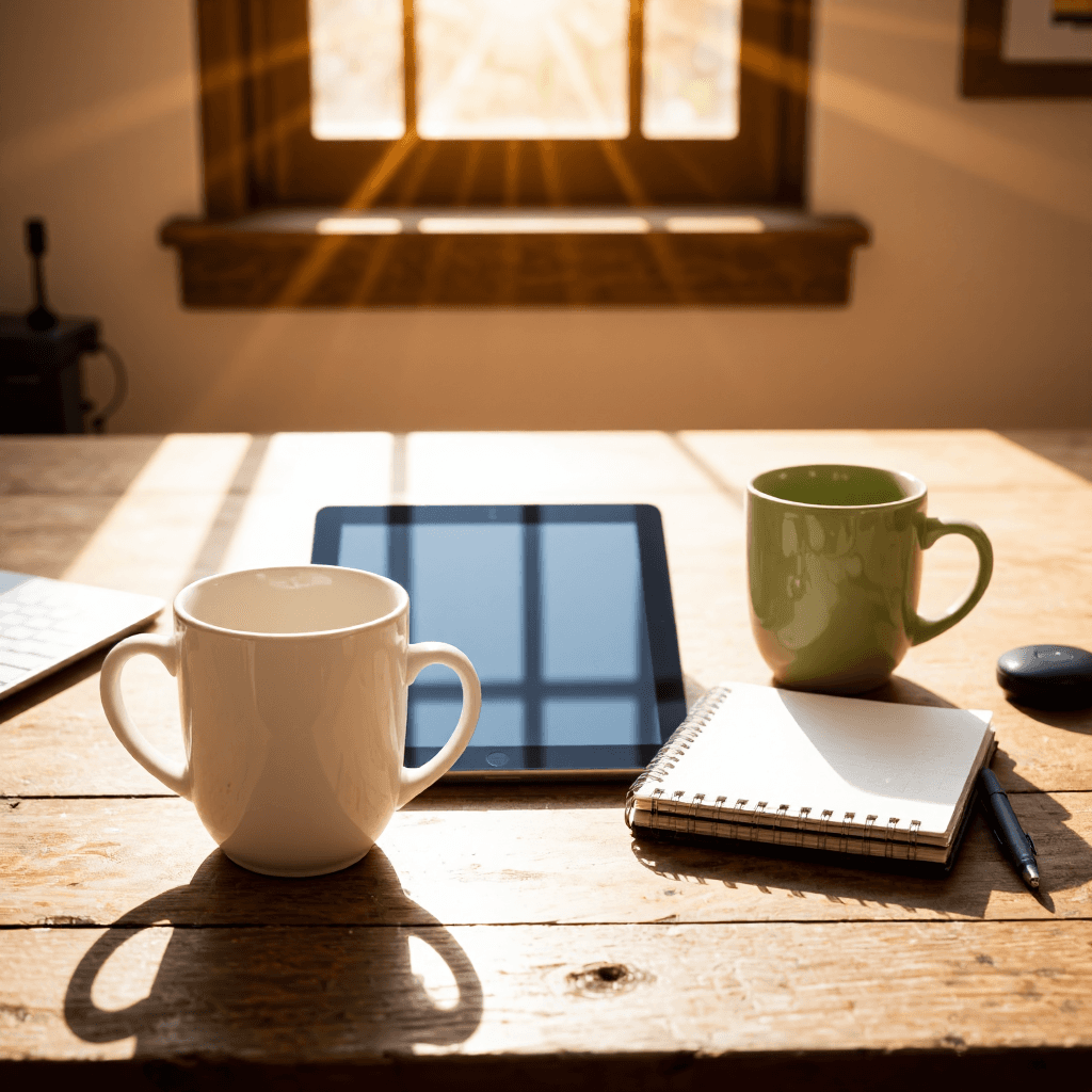 product photography of Coffee and stationary setup