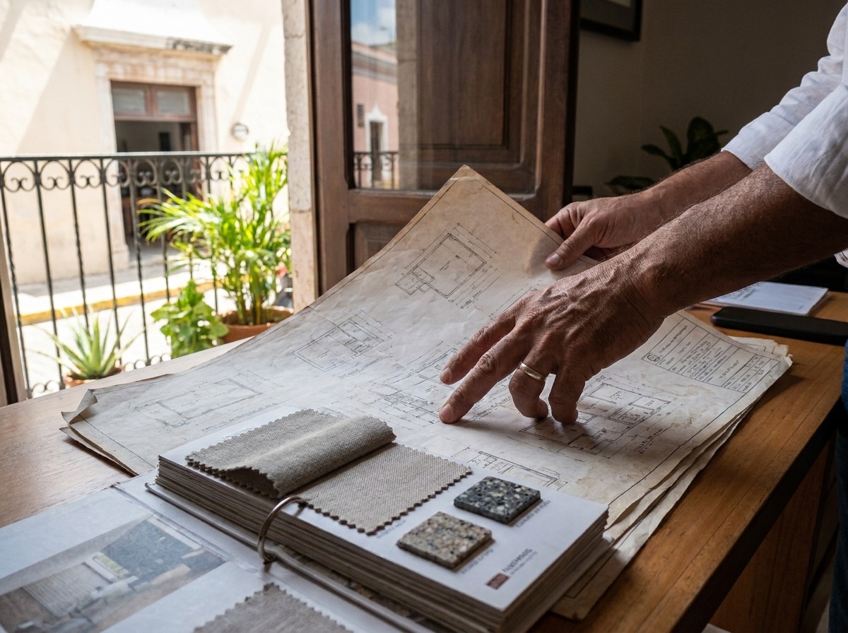 Architect reviewing structural plans and interior specifications together at a Mérida studio