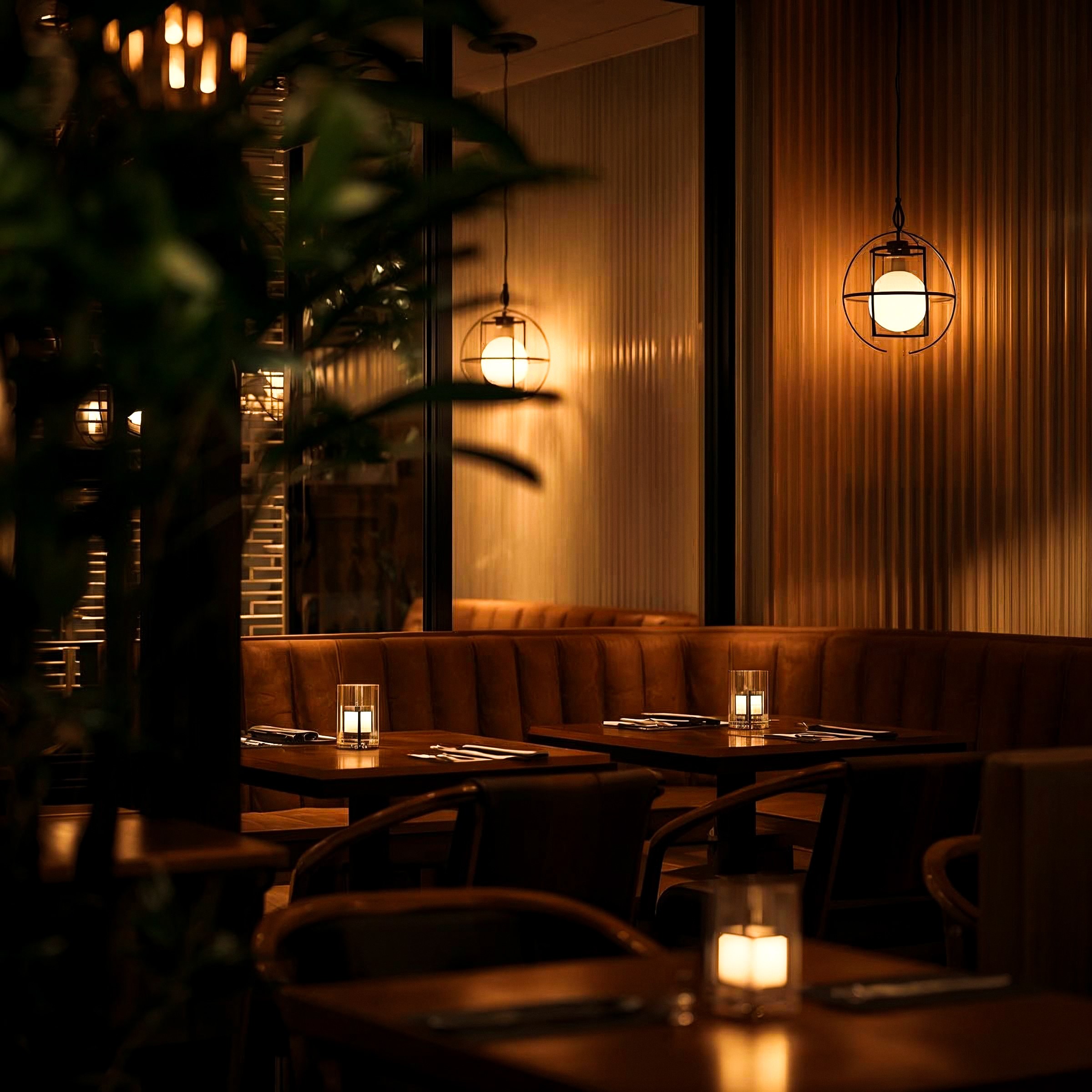 Restaurant interior with wooden tables and chairs lined against a textured wall, softly lit by round wall lamps.