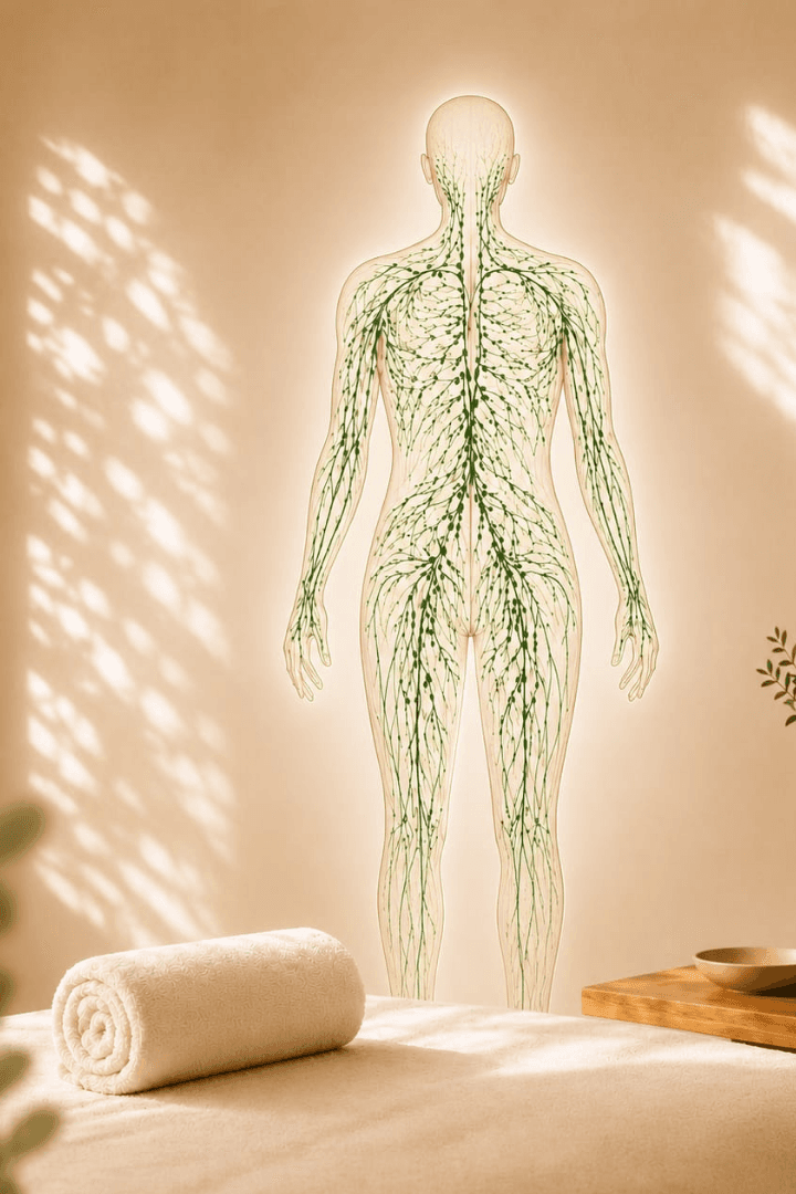 photographie d'un cabinet de massage aux tons naturels, avec un corps en transparence qui montre les synapses du corps