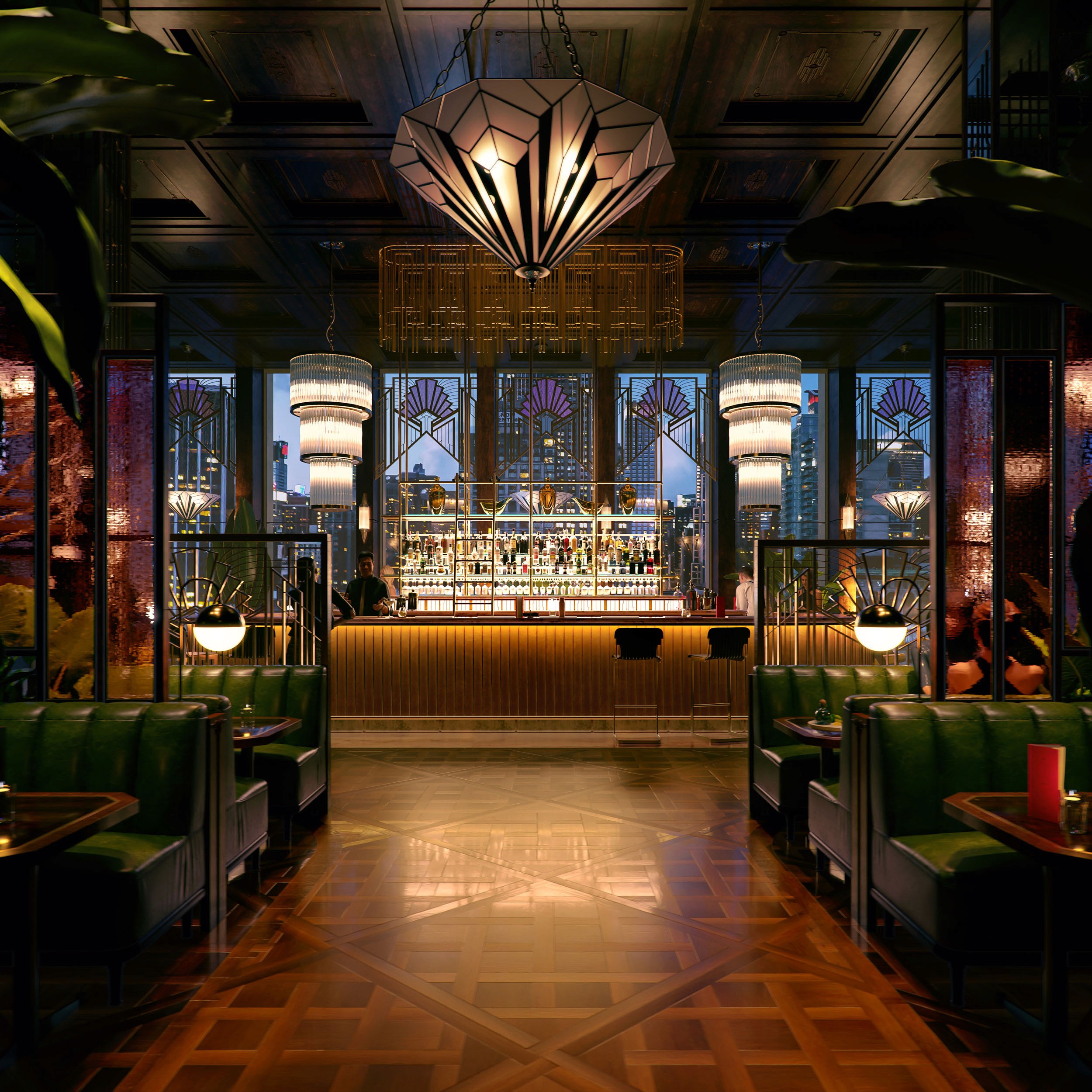 Photorealistic render: Art Deco bar and lounge CGI.