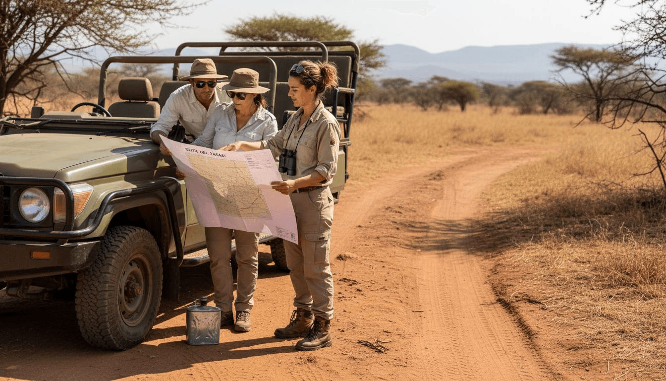 El guía de safari conversa con los turistas al aire libre, explicando el recorrido y resolviendo sus dudas antes de iniciar la aventura.