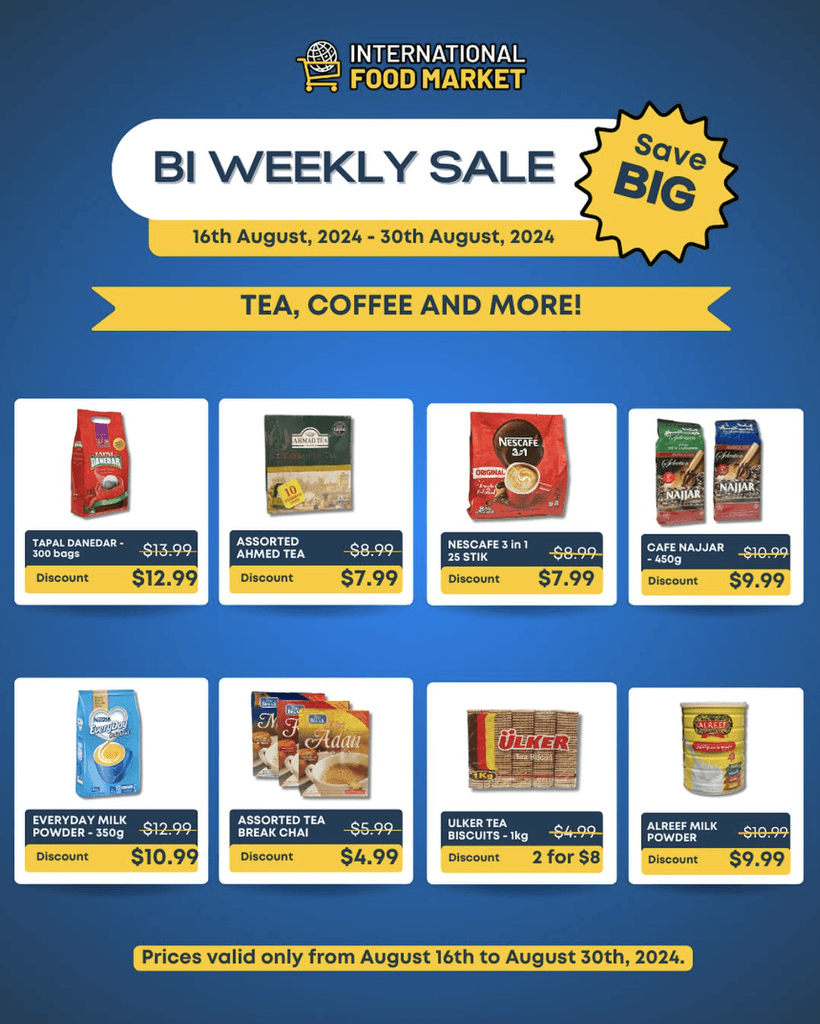 Bi-weekly sale flyer at International Food Market Orlando, featuring discounts on tea, coffee, and more from August 16th to August 30th, 2024. Save big on popular items including tea bags, instant coffee, and assorted Arab teas.