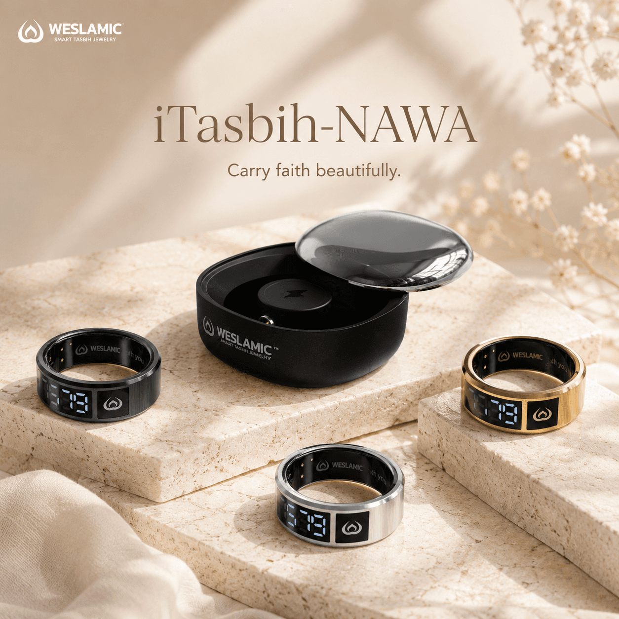 iTasbih NAWA in Onyx Black, Lunar Silver and Solar Gold arranged around the open portable charging case