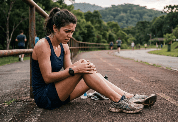 Corredora sentada após treino sentindo desconforto e receio de se machucar ao evoluir na corrida.