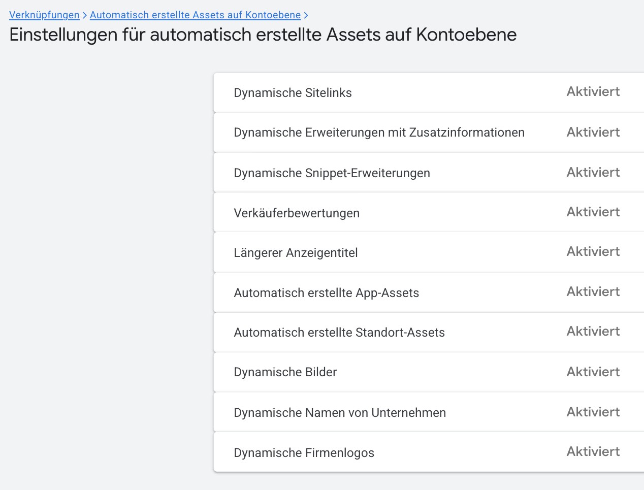 Einstellungen für automatisch erstellte Assets auf Kontoebene