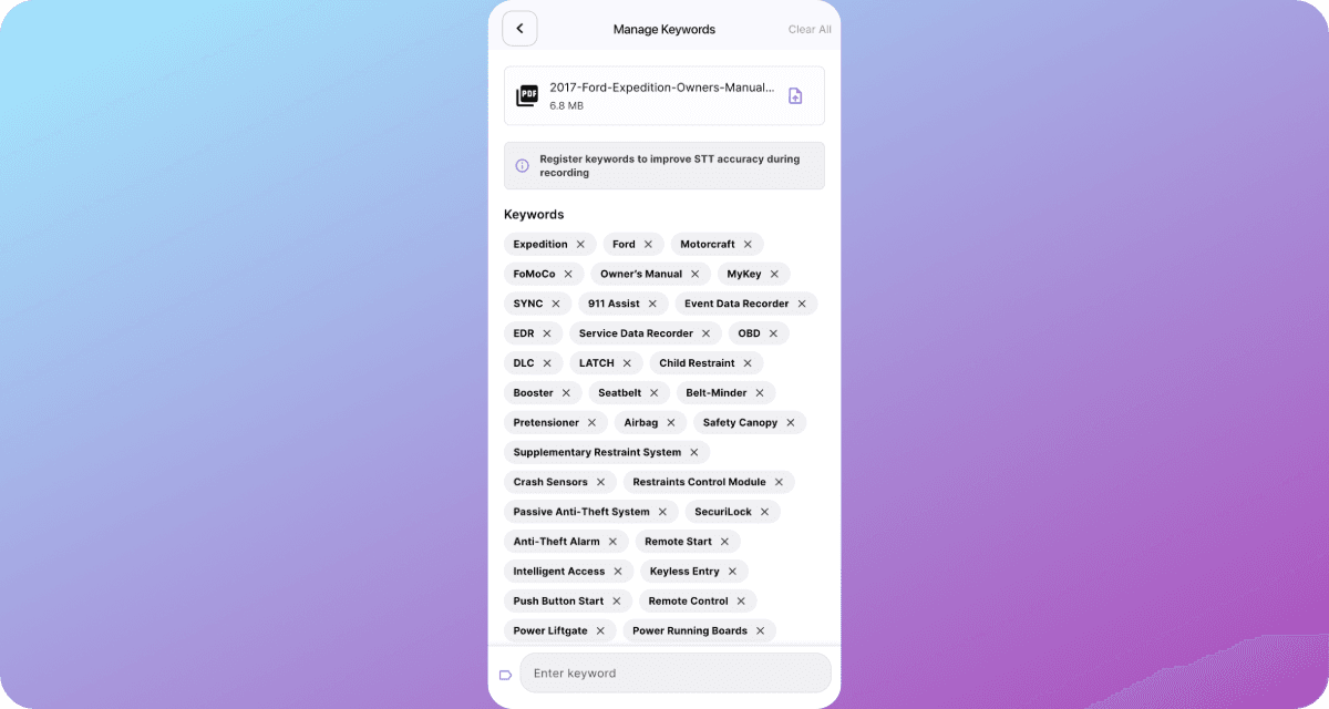 Keyword chips populated after a PDF upload, with a Clear All option visible.