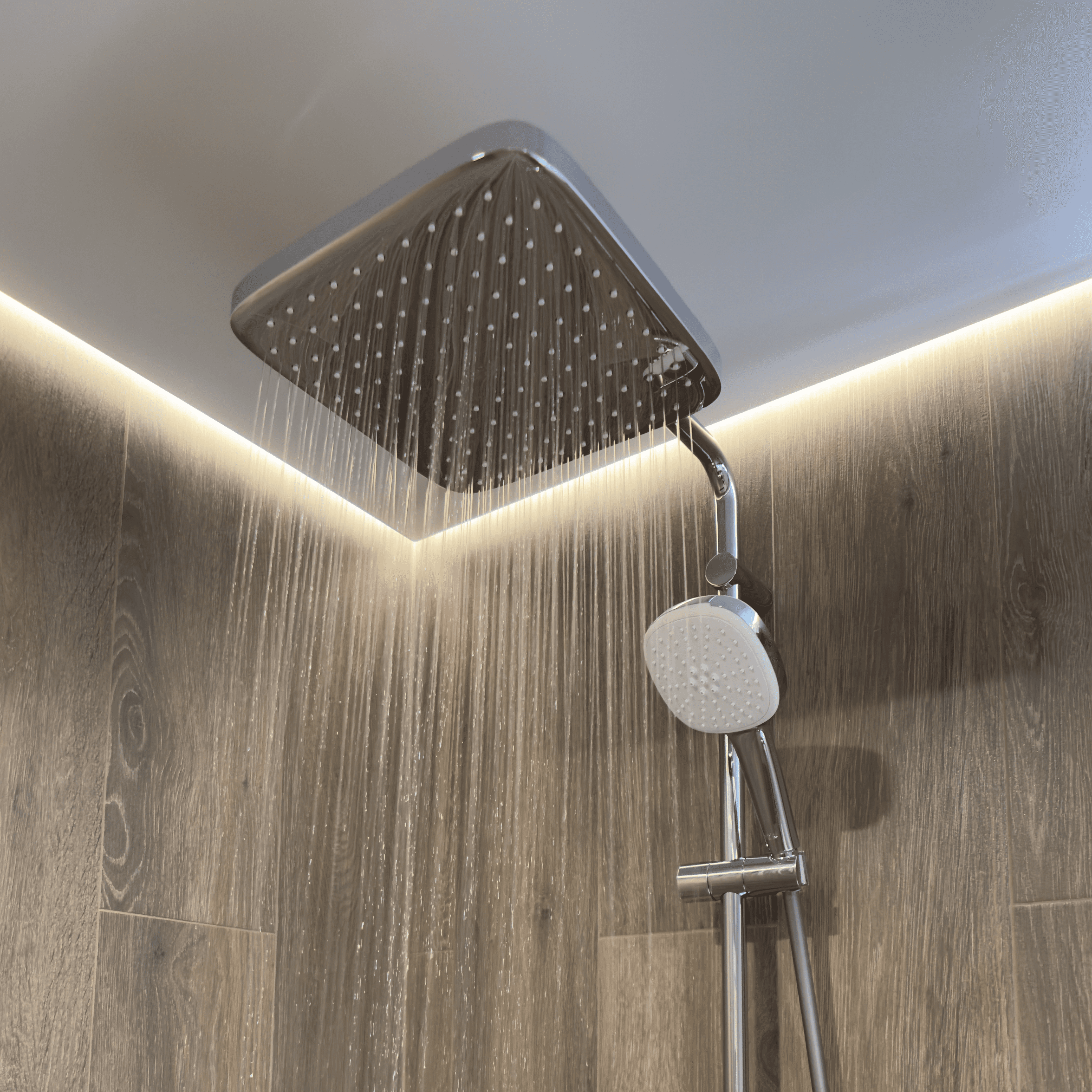 Душова лійка з підсвічуванням у дерев’яній облицюванні стін