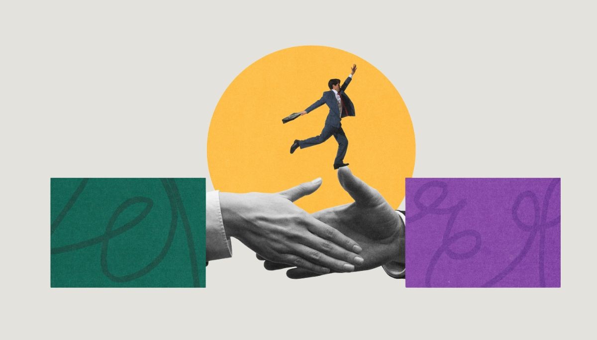 Collage of handshake with business professional leaping above, symbolizing switching from mechanical engineering to software engineering.