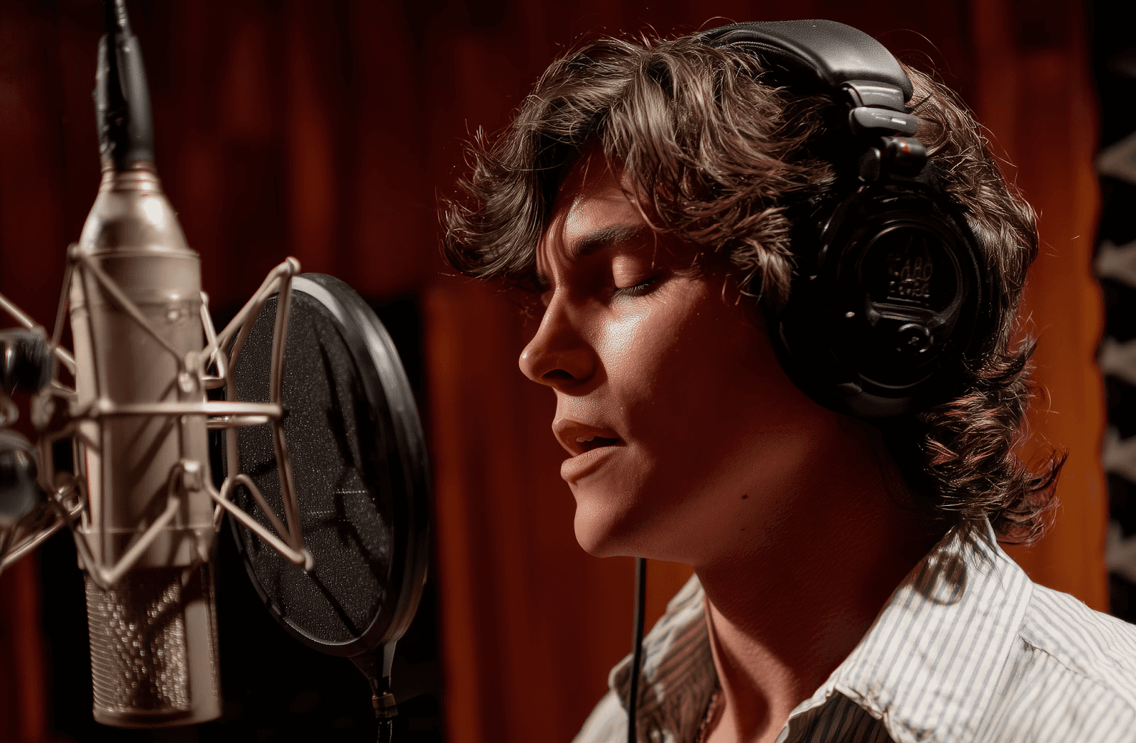Male singer recording in a studio